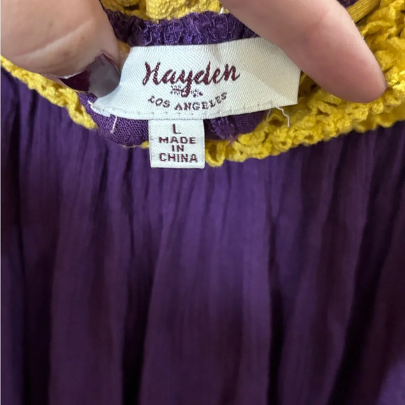 Women’s Size L Purple & Gold Rayon Blouse Tunic Off The Shoulder Lace Trim - Picture 7 of 7